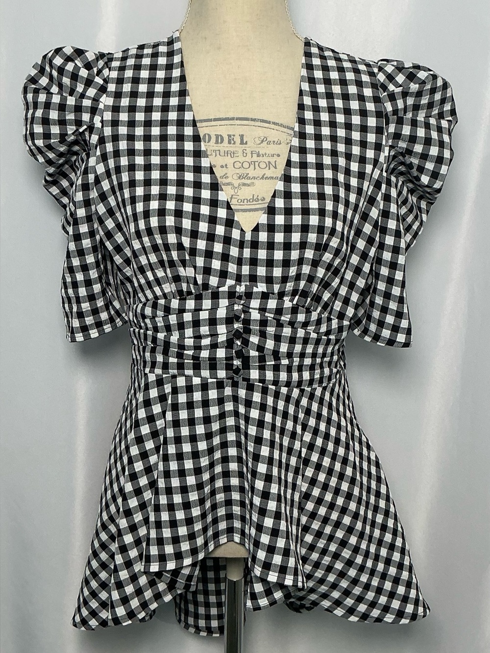 Boston Proper Gingham Puff Sleeve High Low Peplum Blouse Black White Size 10